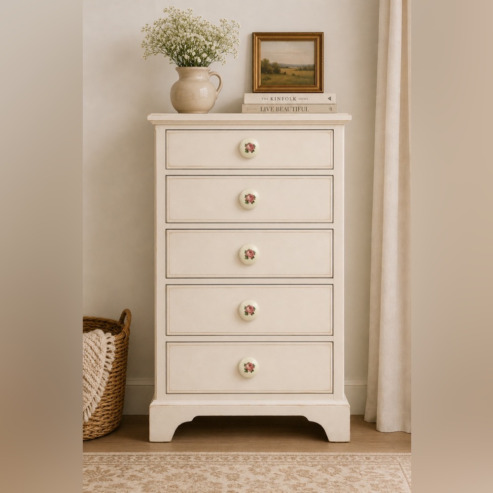 5 White Antique Ceramic Pink Rose Cabinet Door Knobs Drawer Pulls